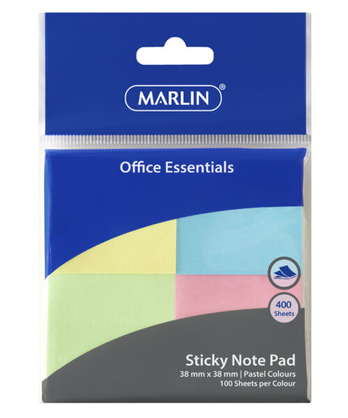 Marlin Office Essentials Sticky Note pad 38 x 38mm 100 sheets x 4 Pastel colours