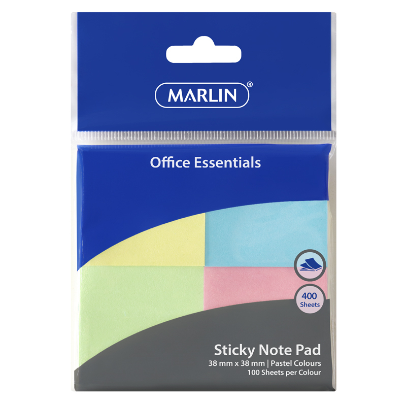 Marlin Office Essentials Sticky Note pad 38 x 38mm 100 sheets x 4 Pastel colours